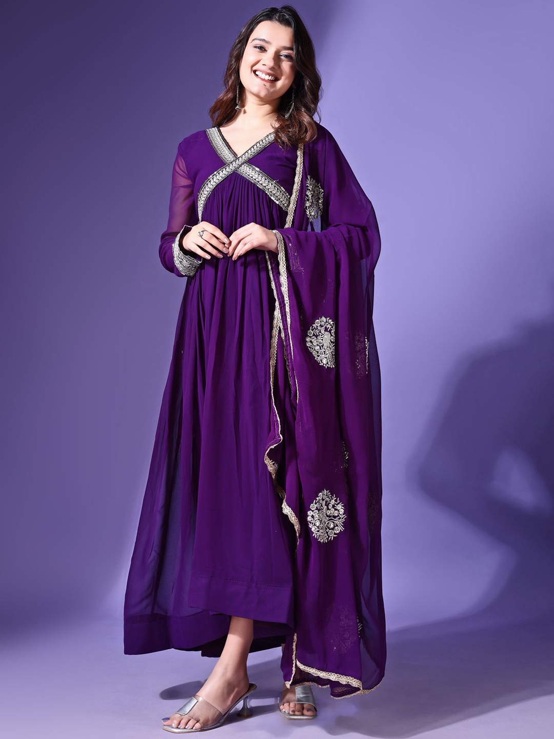 

KALINI Thread Work V-Neck Georgette A-Line Kurta, Purple