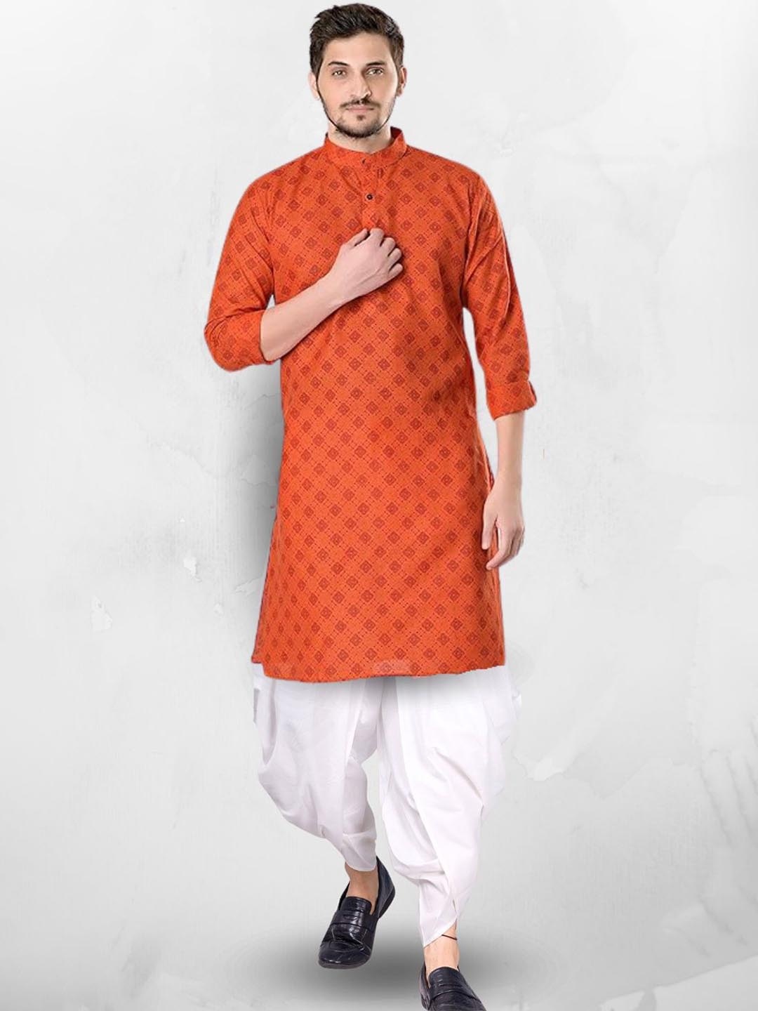 

SHIWAM ETHNIX Geometric Printed Mandarin Collar Straight Kurta With Dhoti Pants, Orange