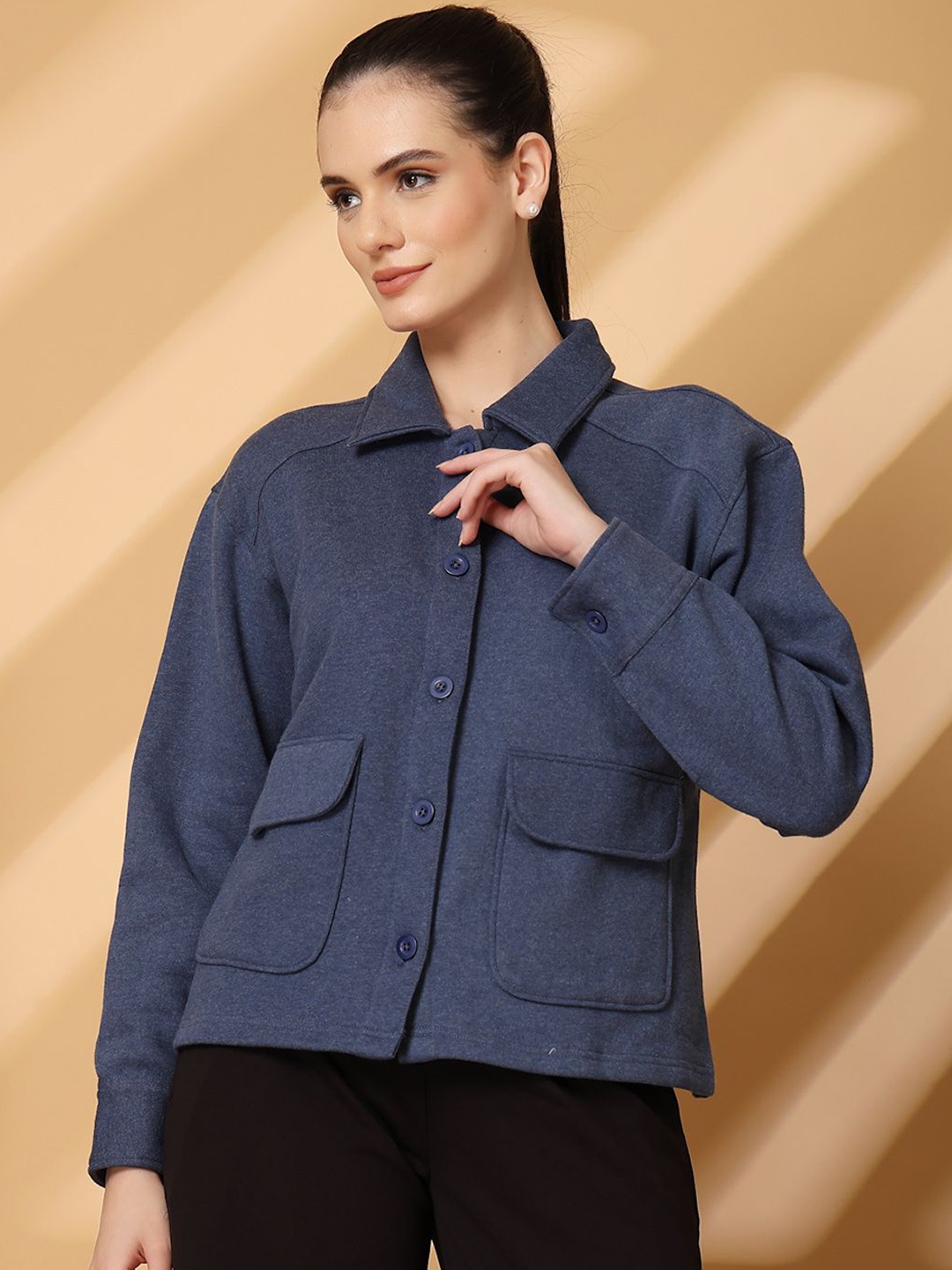 

plusS Women Spread Collar Solid Fleece Casual Open Front Jacket, Navy blue