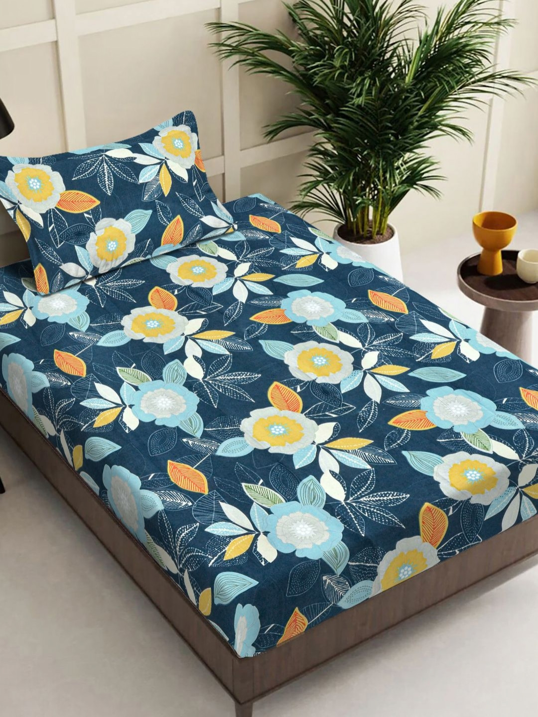 

FABINALIV Blue Floral Printed 300 TC Single Bedsheet with 1 Pillow Cover 2.20 m x 1.50 m