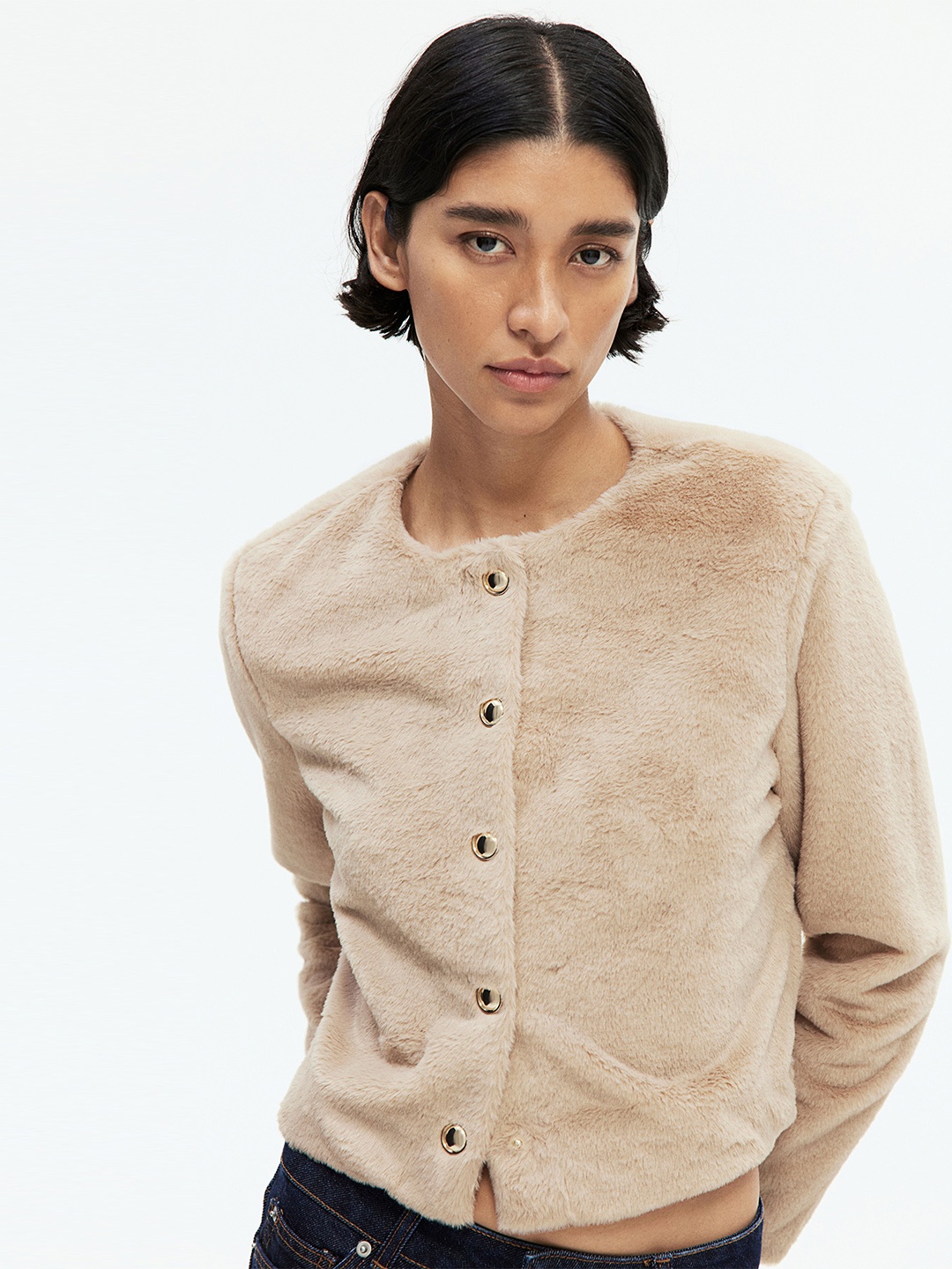 

H&M Women Teddy Cardigan Round Neck Sweaters, Beige