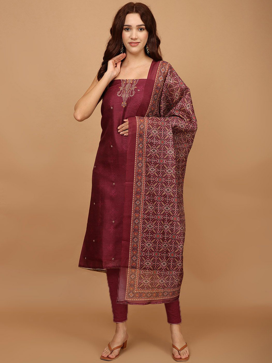 

Meena Bazaar Paisley Embroidered Unstitched Dress Material, Burgundy