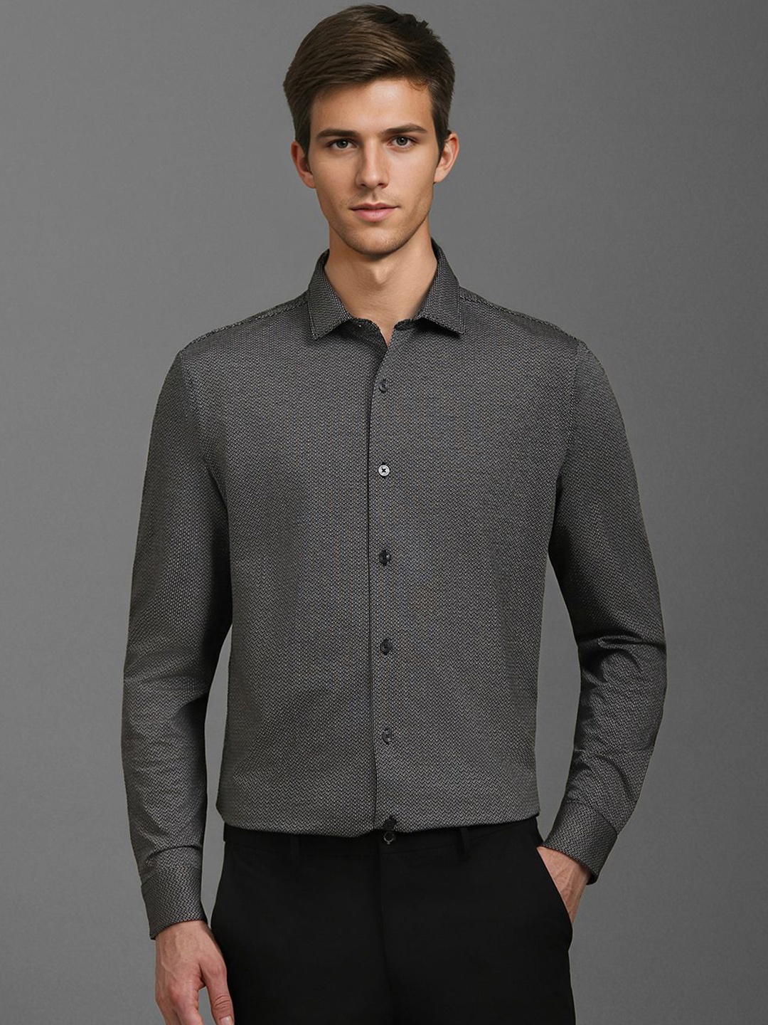 

Louis Philippe Men Spread Collar Textured Cotton Slim Fit Formal Shirt, Charcoal