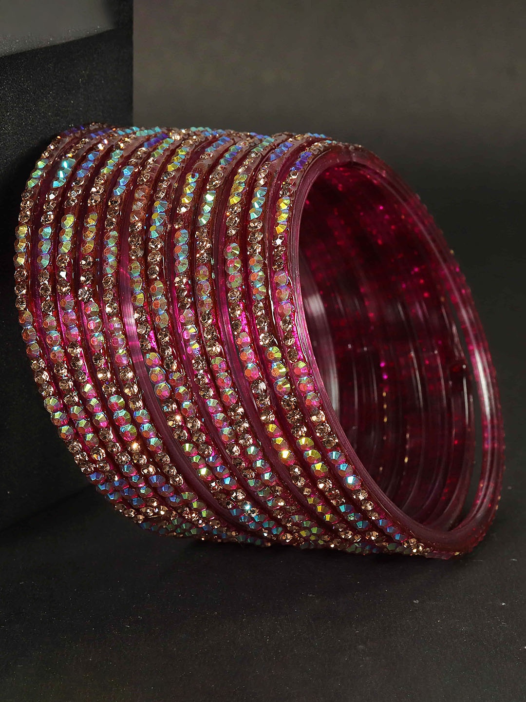 

LAVAZZA Set Of 12 Zircon Diamond Stone & Beads Studded Glass Bangles, Burgundy