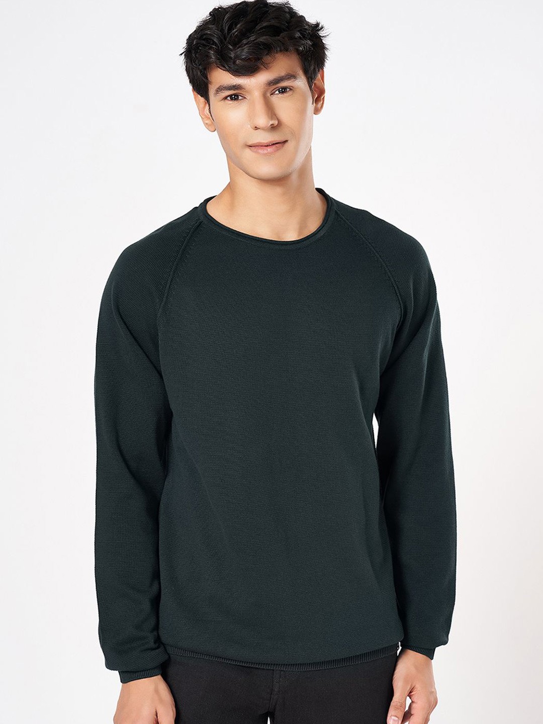 

People Men Solid Cotton Pullover, Green