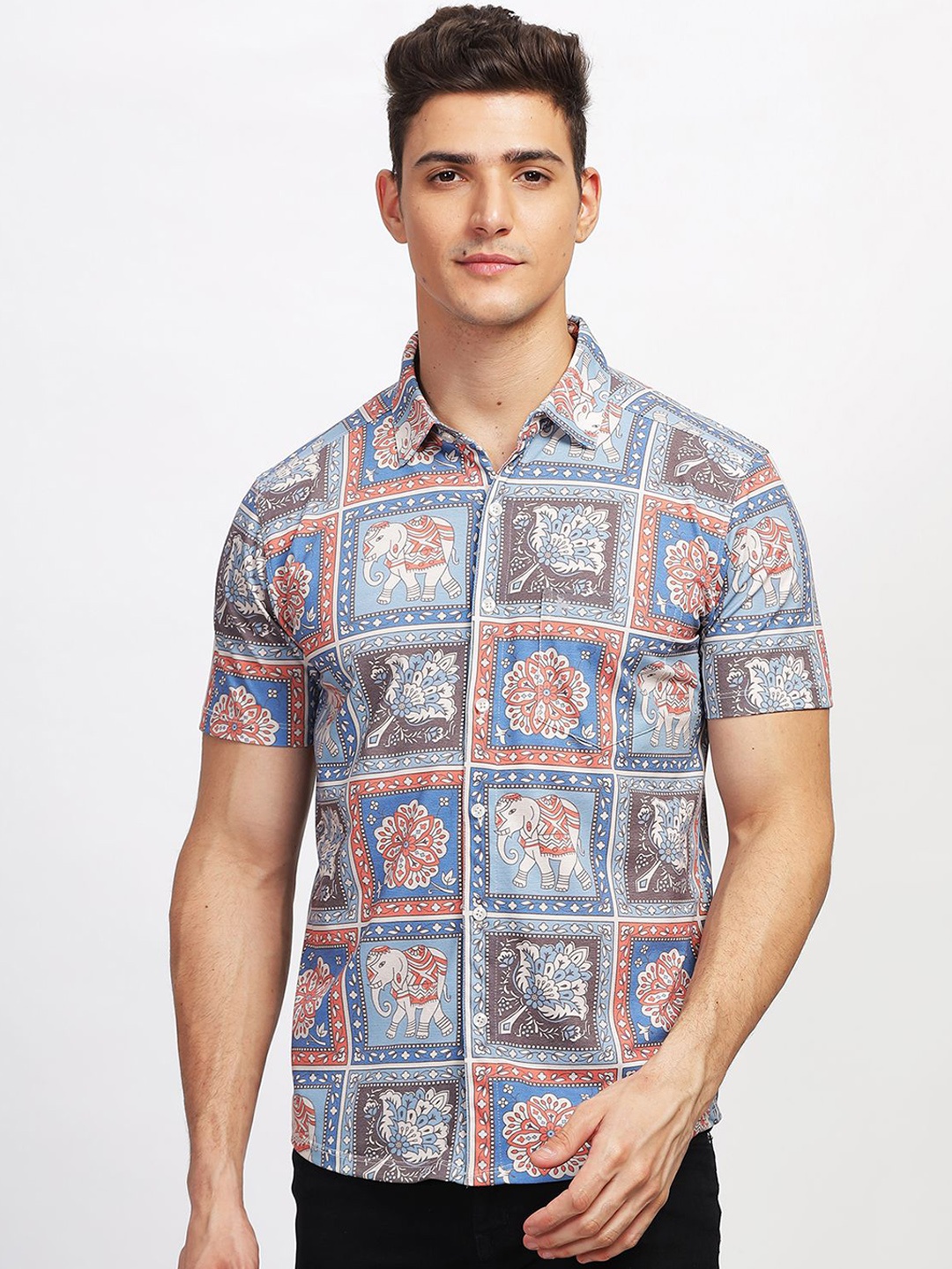 

BULLMER Ethnic Motifs Printed Short Sleeves Shirt With Trousers, Blue