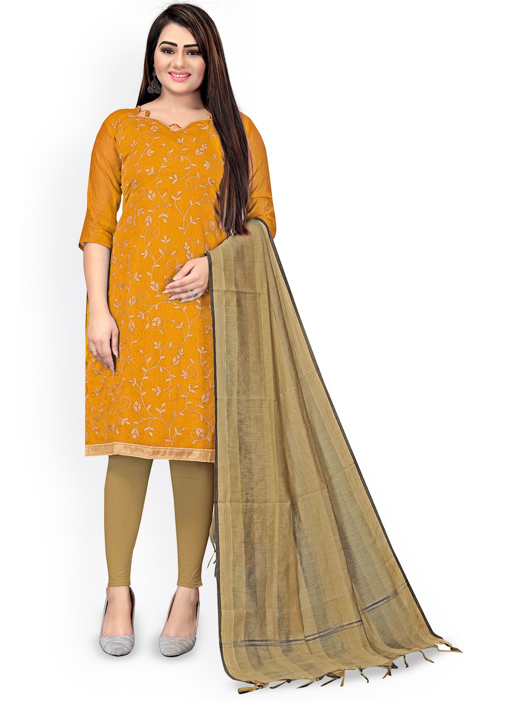 

Maroosh Floral Embellished Unstitched Dress Material, Yellow