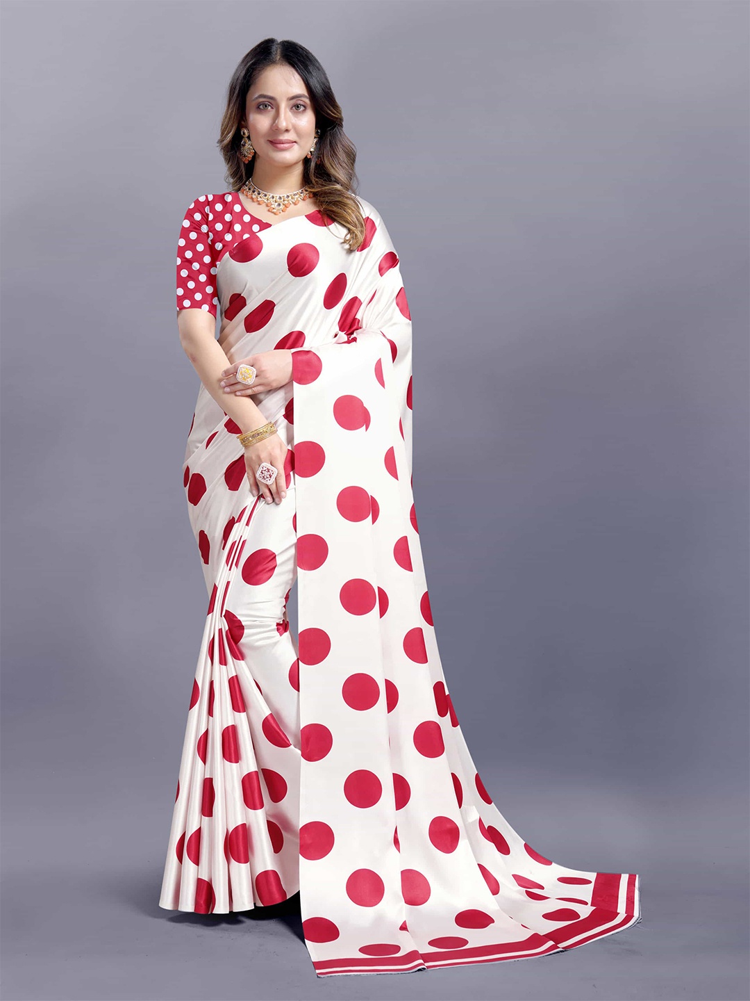 

V3 FASHION STUDIO Polka Dot Satin Saree, White