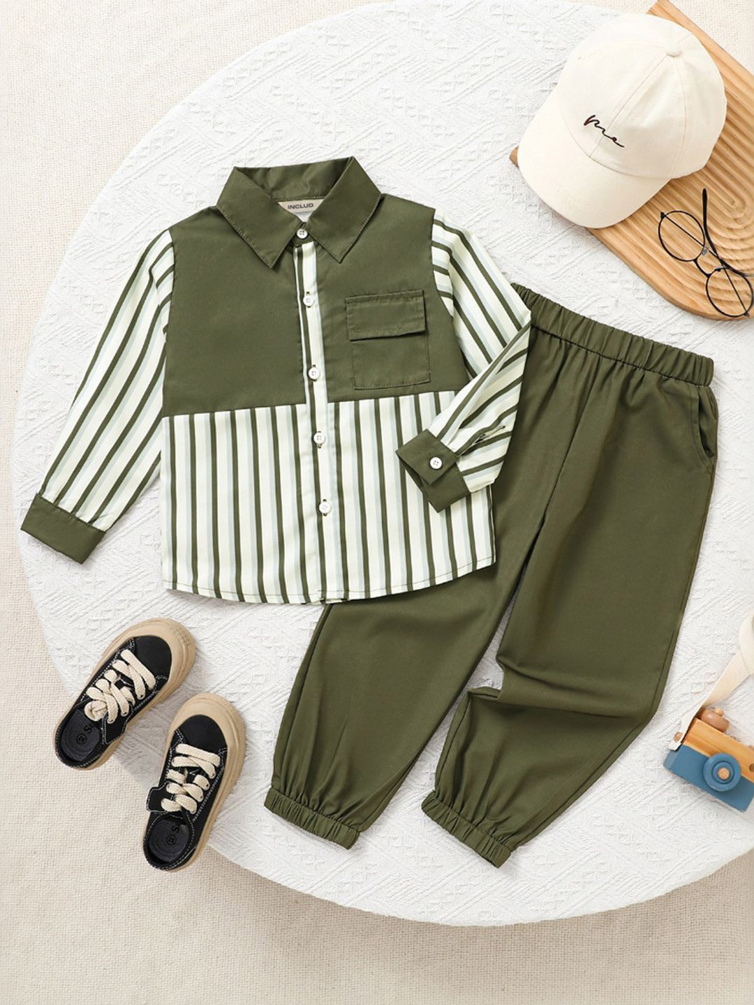 

INCLUD Boys Striped Shirt with Trousers, Olive