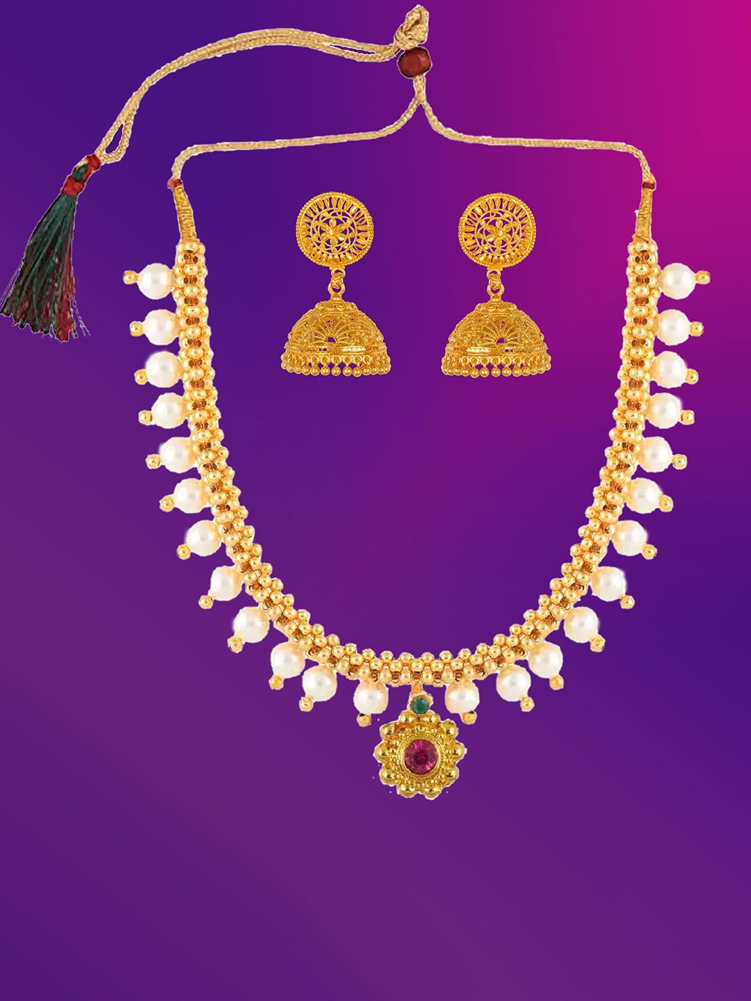 

Lila Gold-Plated Stone-Studded & Beaded Jewellery Set