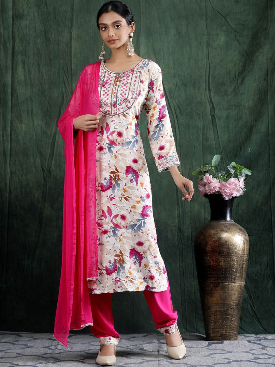 

SHIFORY Floral Printed Mirror Work Straight Kurta With Trousers & Dupatta, Pink