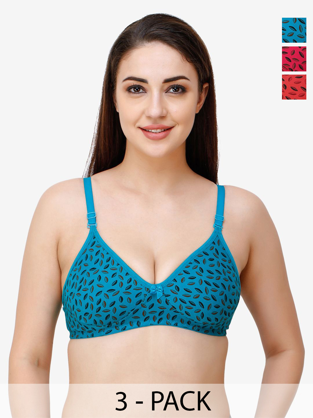 

Docare Women Pack Of 3 Floral Full Coverage T-shirt Cotton Bra, Red
