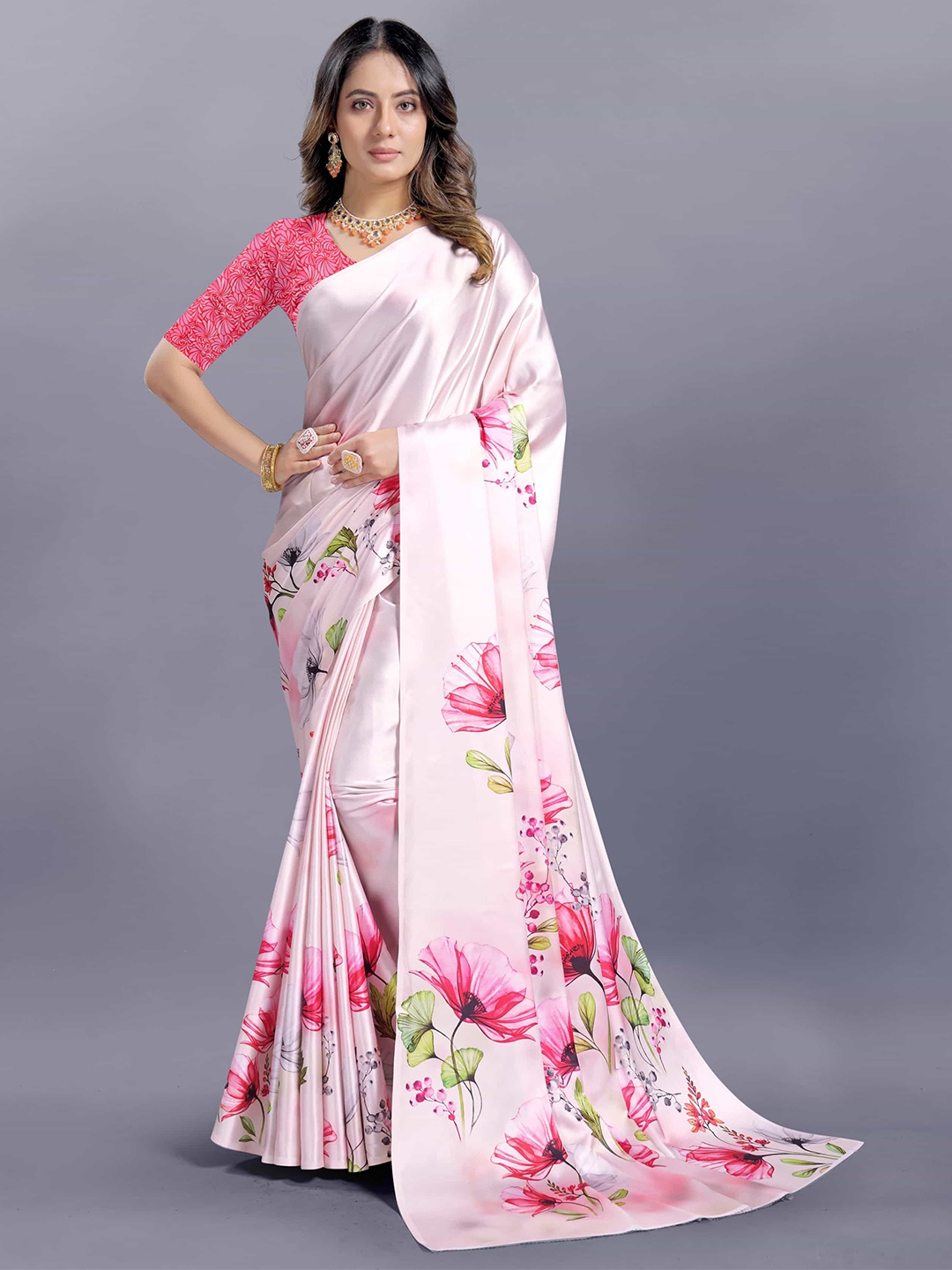 

V3 FASHION STUDIO Ethnic Motifs Satin Saree, Pink