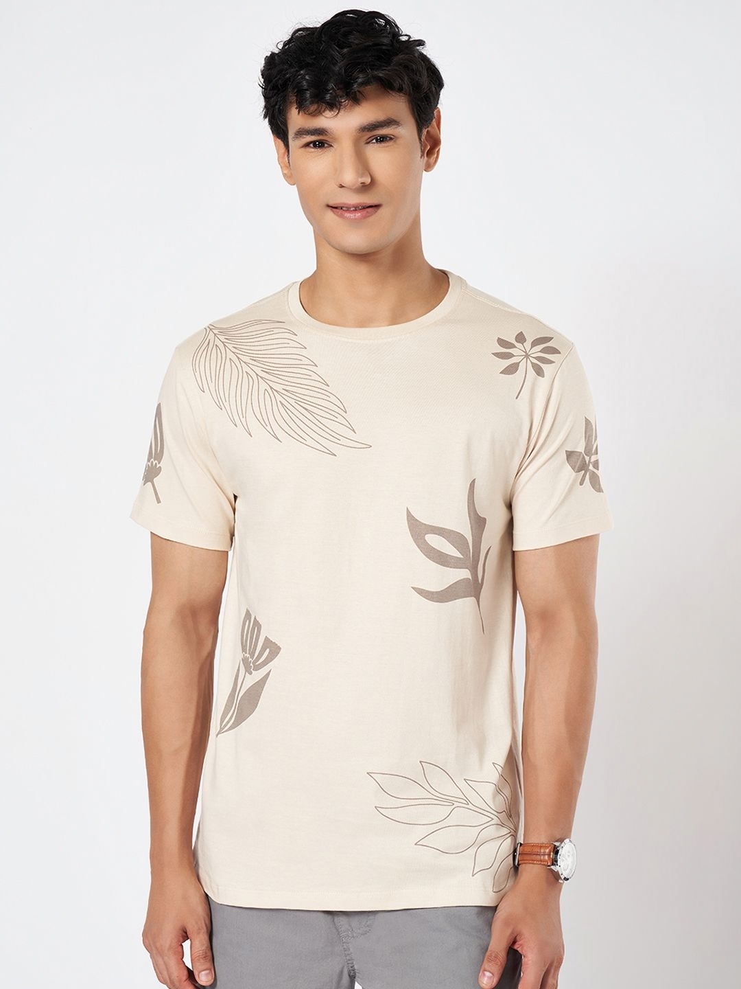 

Urban Ranger by pantaloons Men Conversational Printed Round Neck Cotton Slim Fit T-shirt, Cream