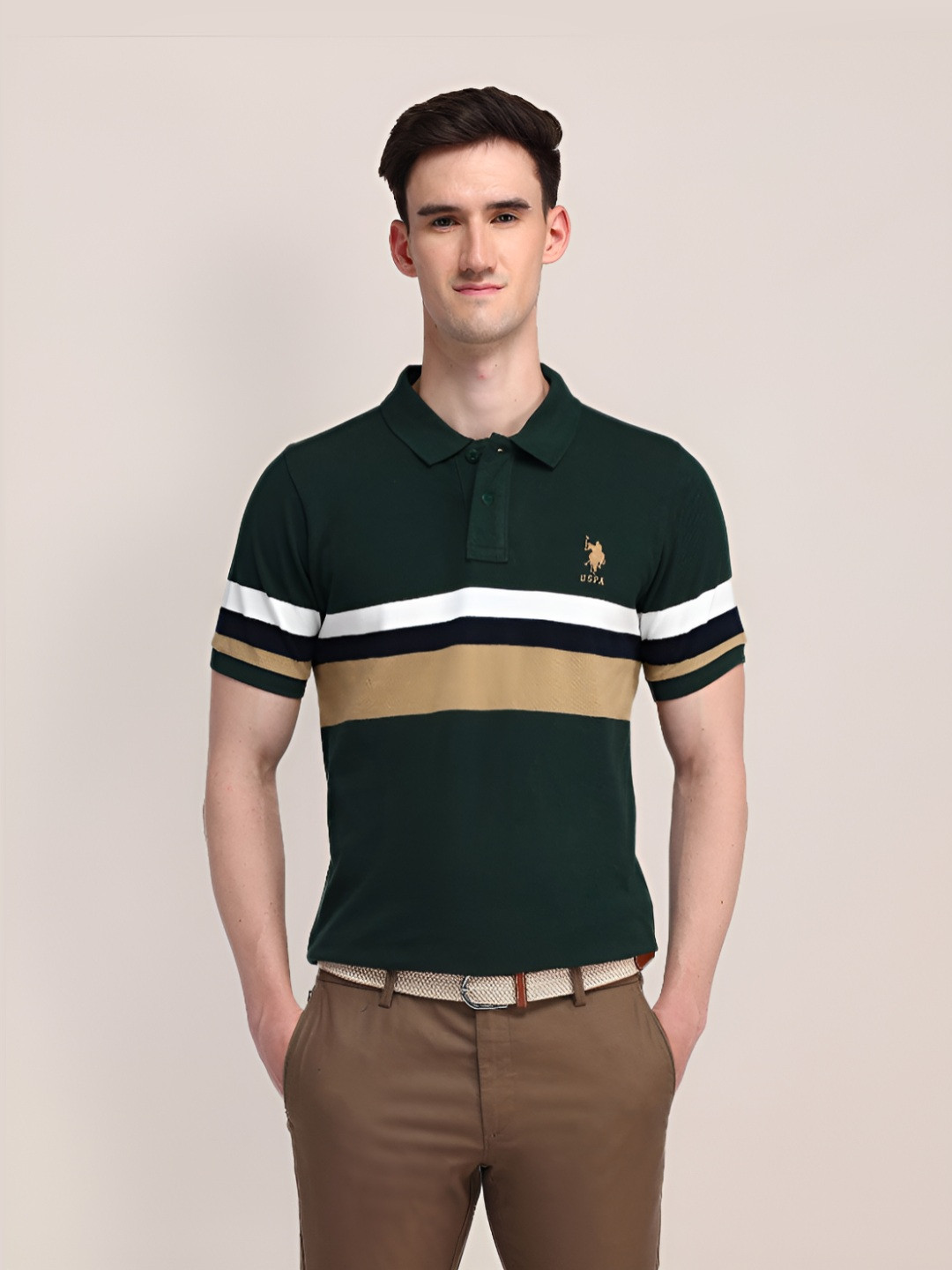 

U.S. Polo Assn. Men Striped Polo Collar Cotton Slim Fit T-shirt, Green