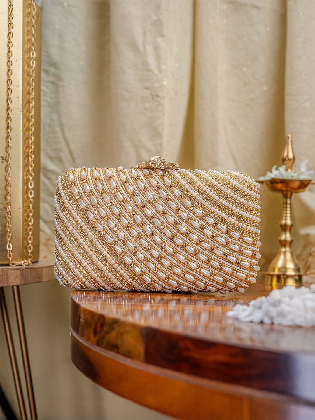 

NR By Nidhi Rathi Embellished Box Clutch, Gold