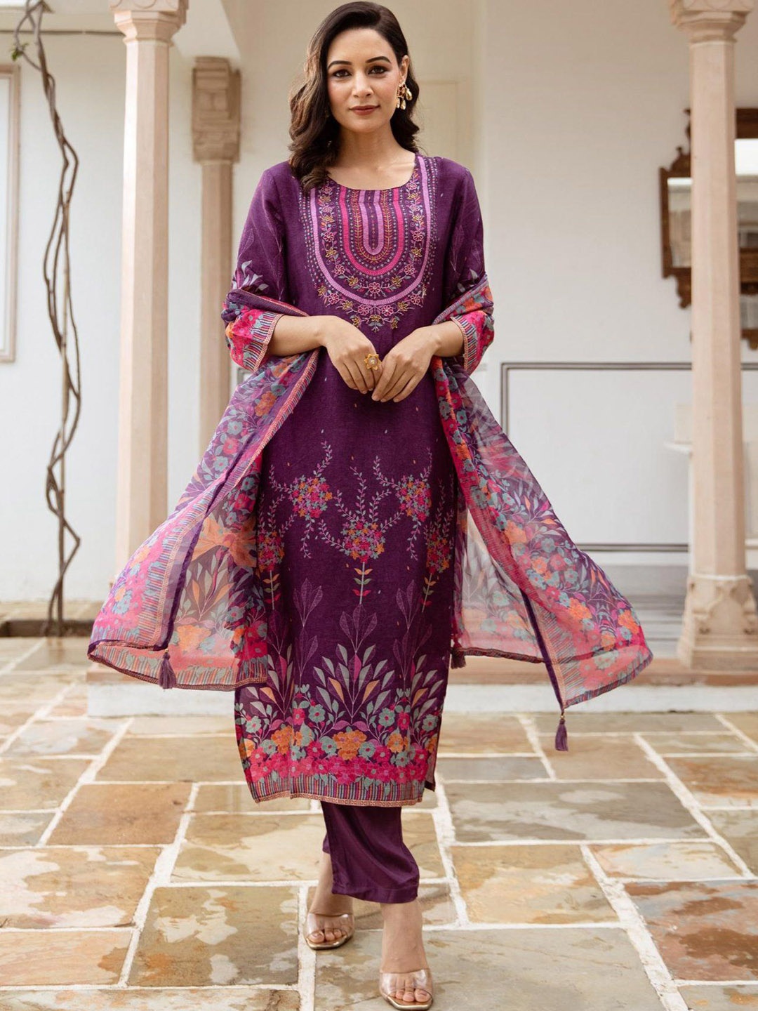 

AUTUMN LANE Floral Printed Cotton Silk Straight Kurta With Trousers & Dupatta, Purple