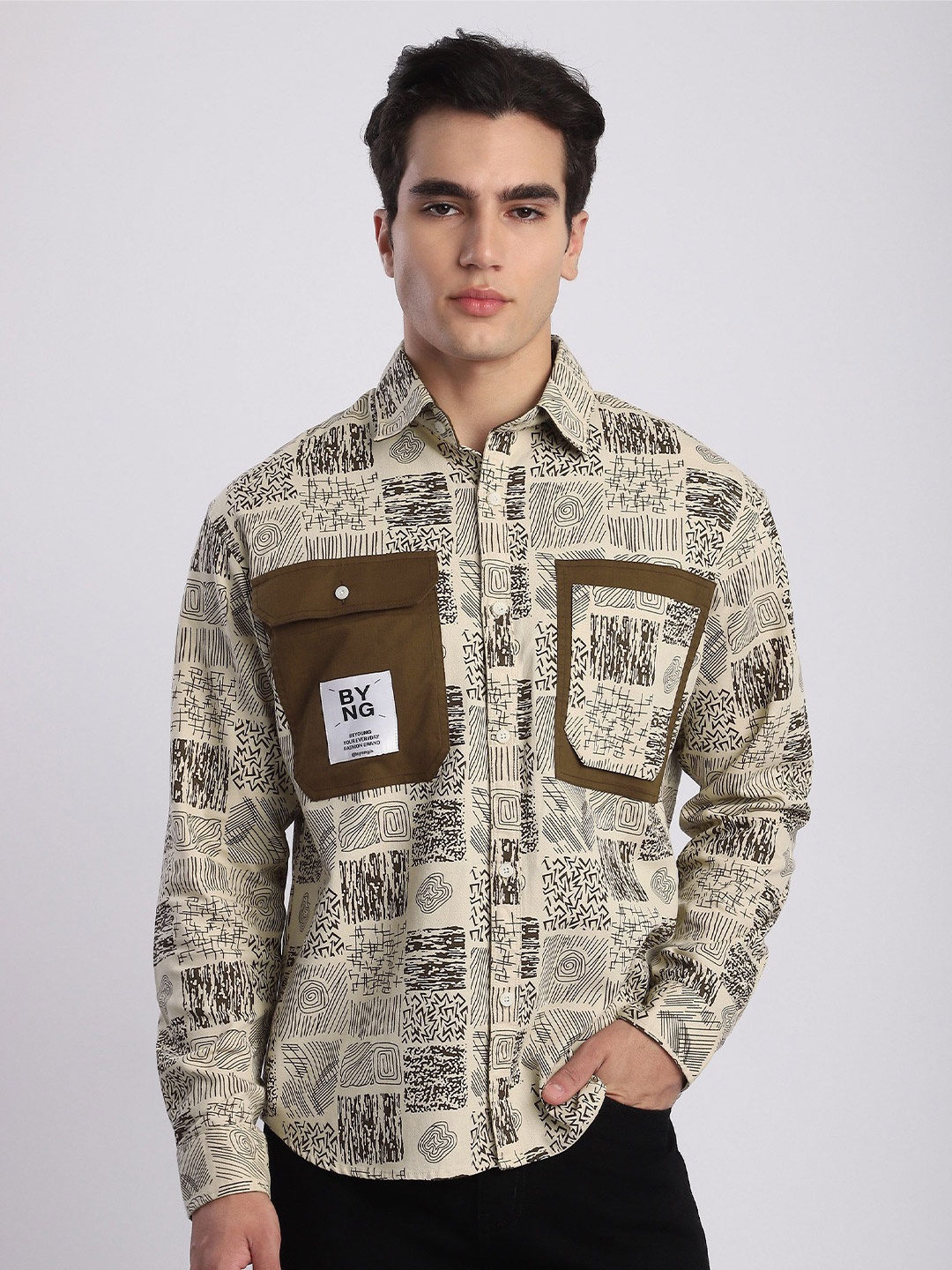 

Beyoung Men Spread Collar Graphic Printed Cotton Casual Shirt, Beige