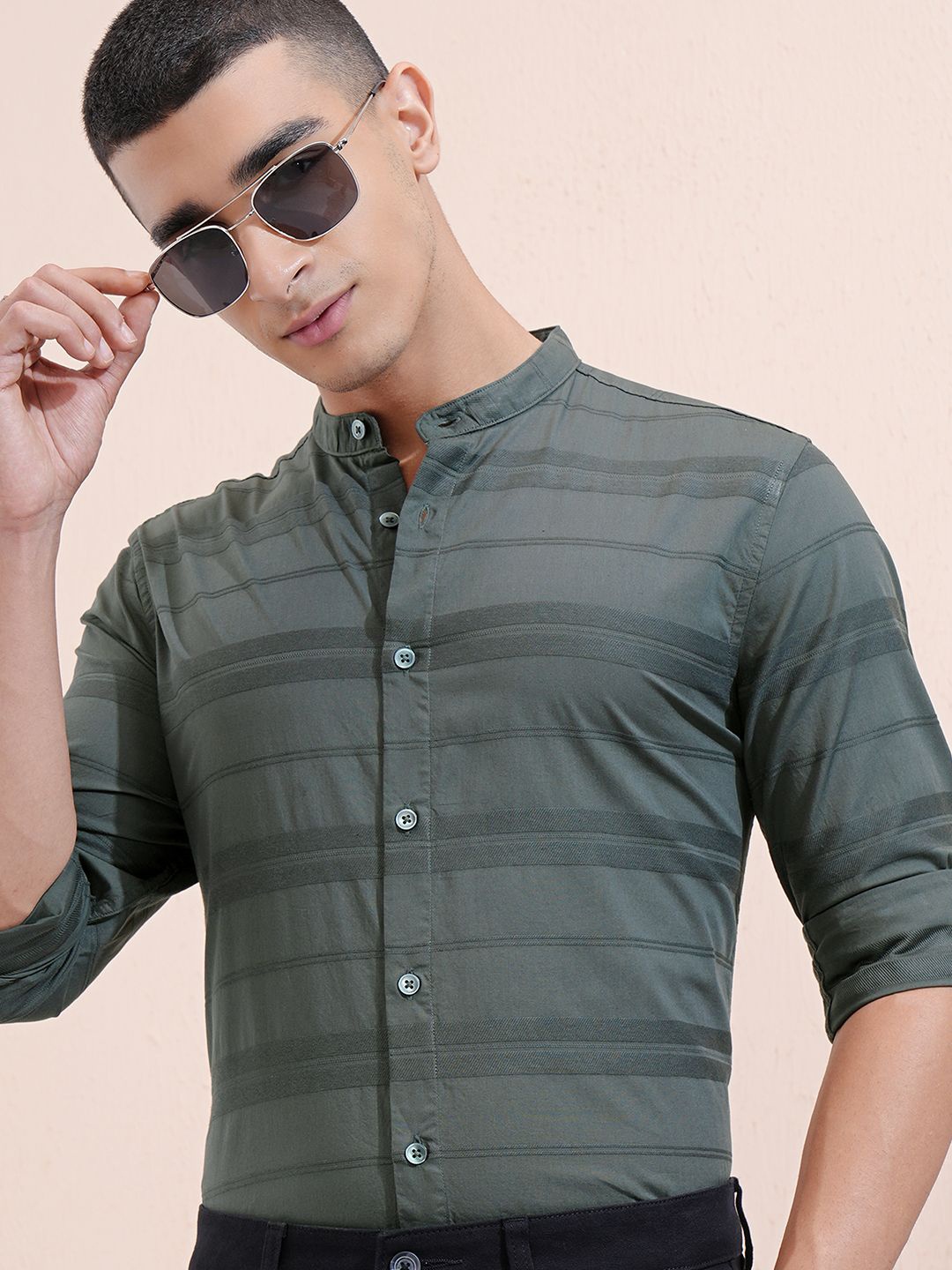 

Highlander Men Dobby Textured Striped Mandarin Collar Casual Shirt, Green