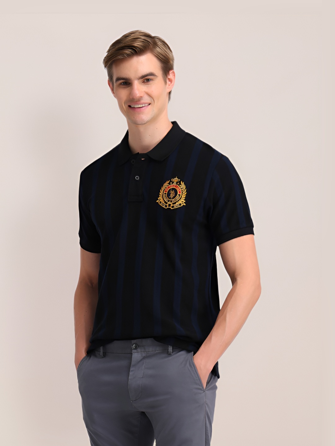 

U.S. Polo Assn. Men Striped Polo Collar Cotton Slim Fit T-shirt, Navy blue