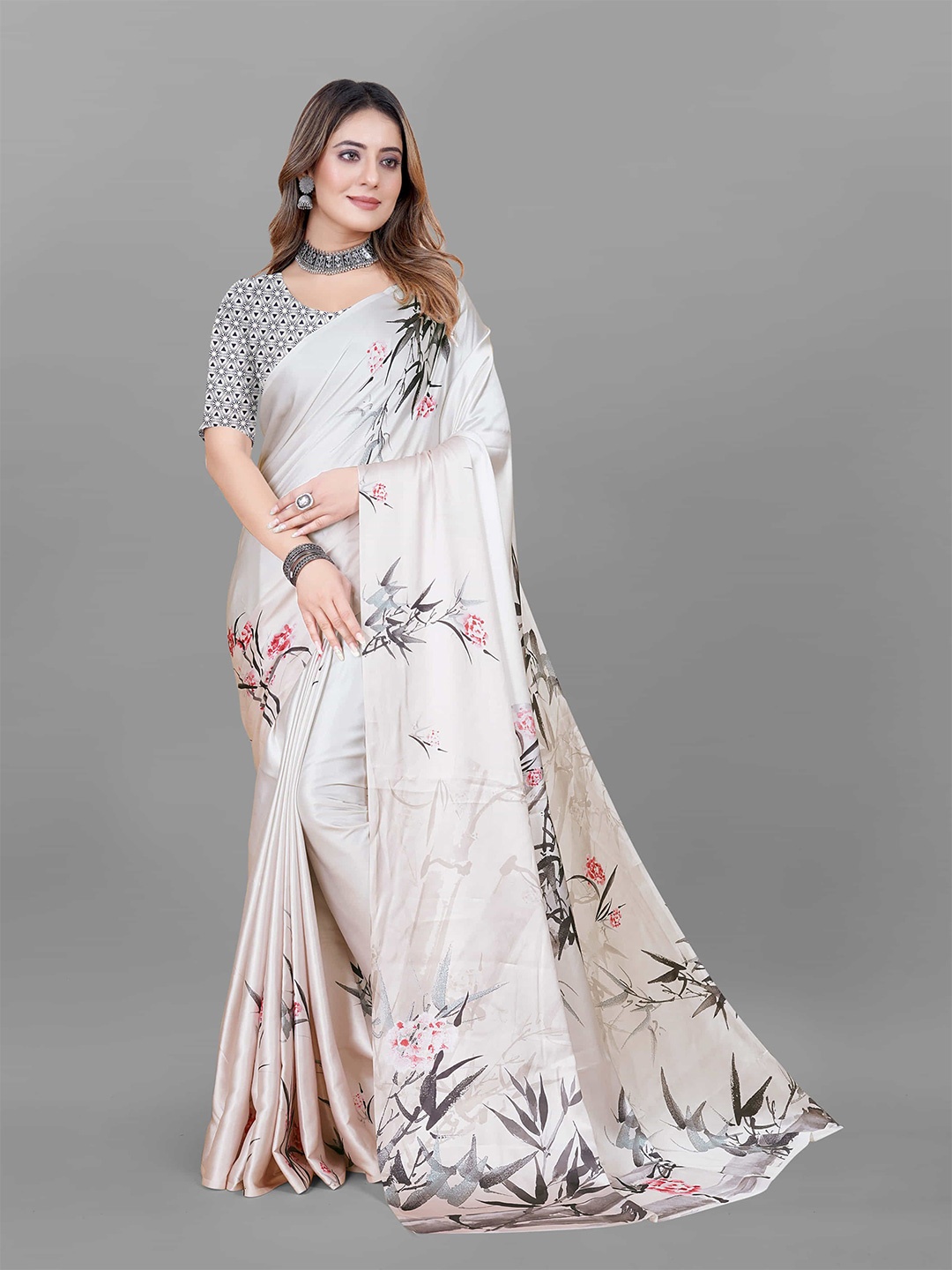 

V3 FASHION STUDIO Floral Satin Saree, Beige