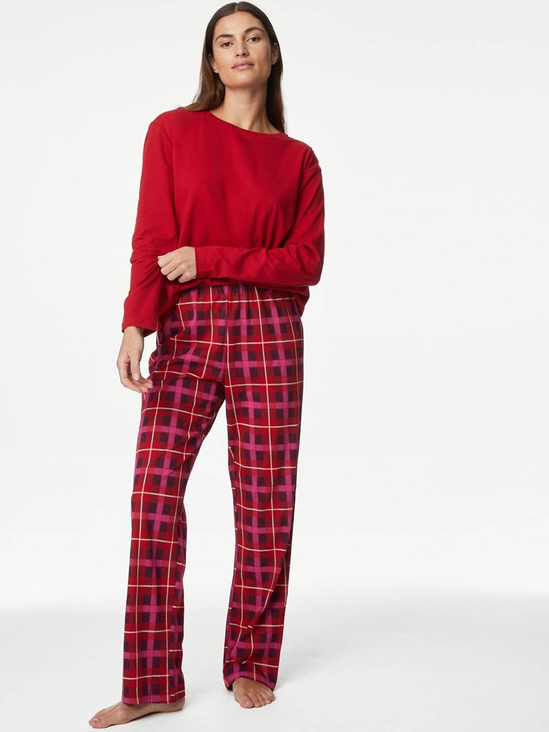 

Marks & Spencer Women Checked Printed Night Suit, Red