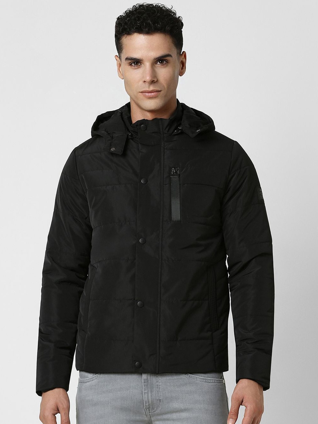 

V Dot Men Hooded Solid Casual Padded Jacket, Black