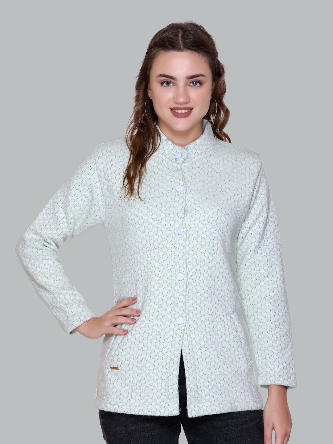 

Gouri Women Self Design Long Sleeves Woollen Casual Cardigan, Green
