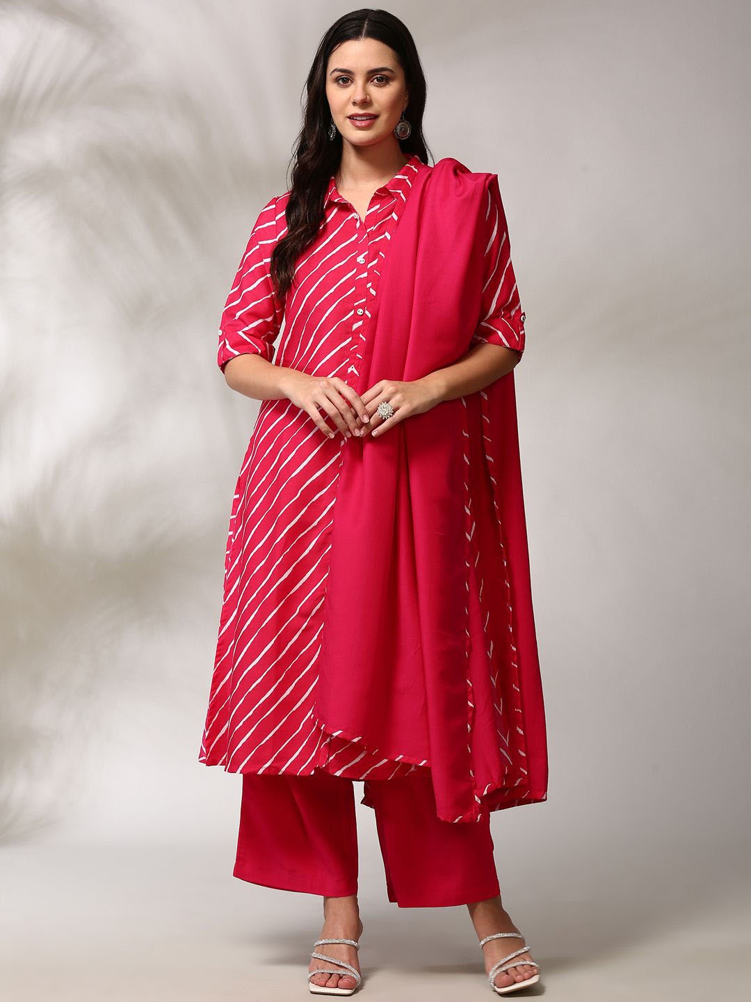 

Anouk Leheriya Regular A-Line Kurta with Trousers & Dupatta, Pink