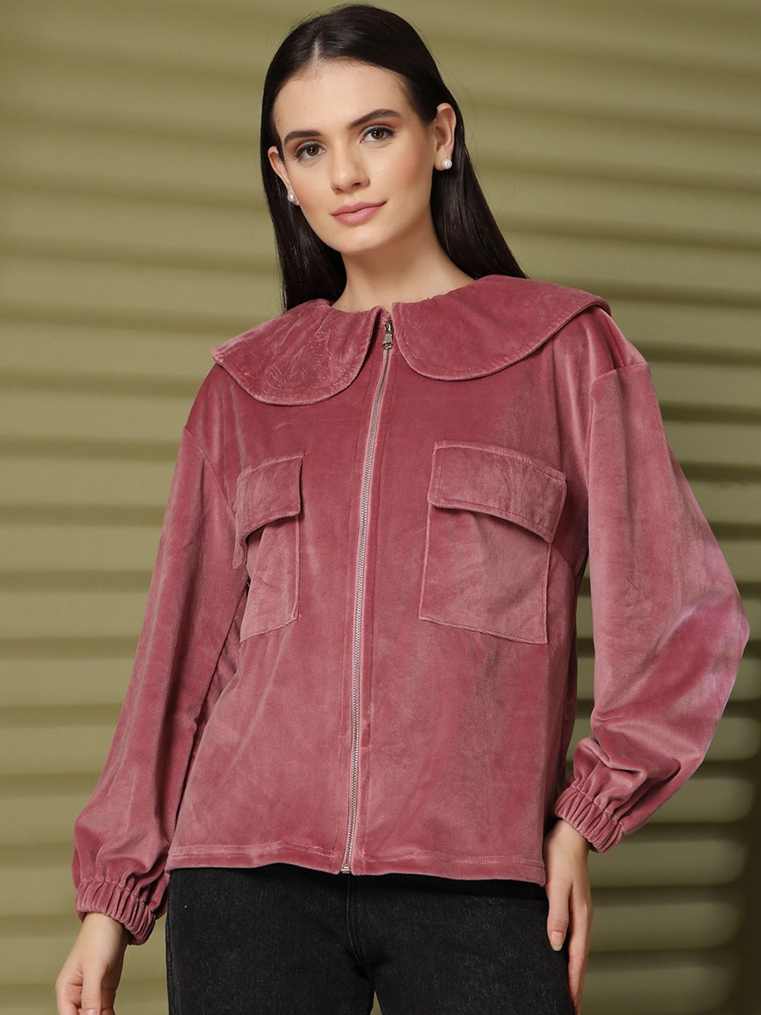 

plusS Women Spread Collar Solid Velvet Casual Open Front Jacket, Mauve