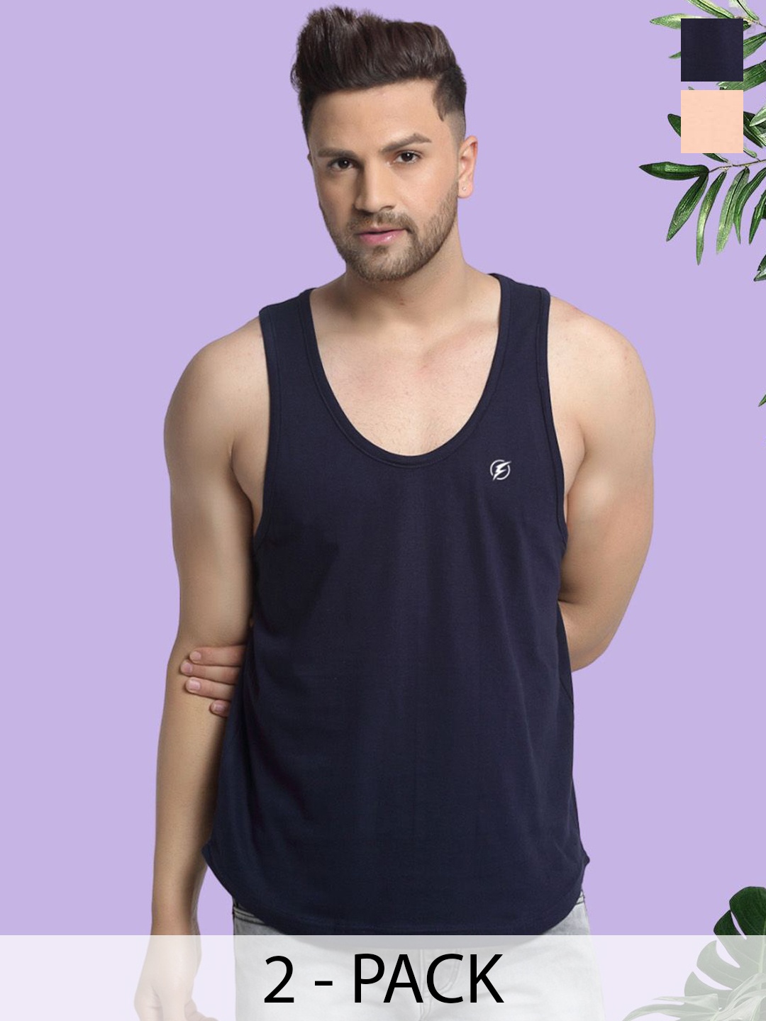 

Friskers Men Pack Of 2 Anti Bacterial Cotton Innerwear Gym Vests, Navy blue