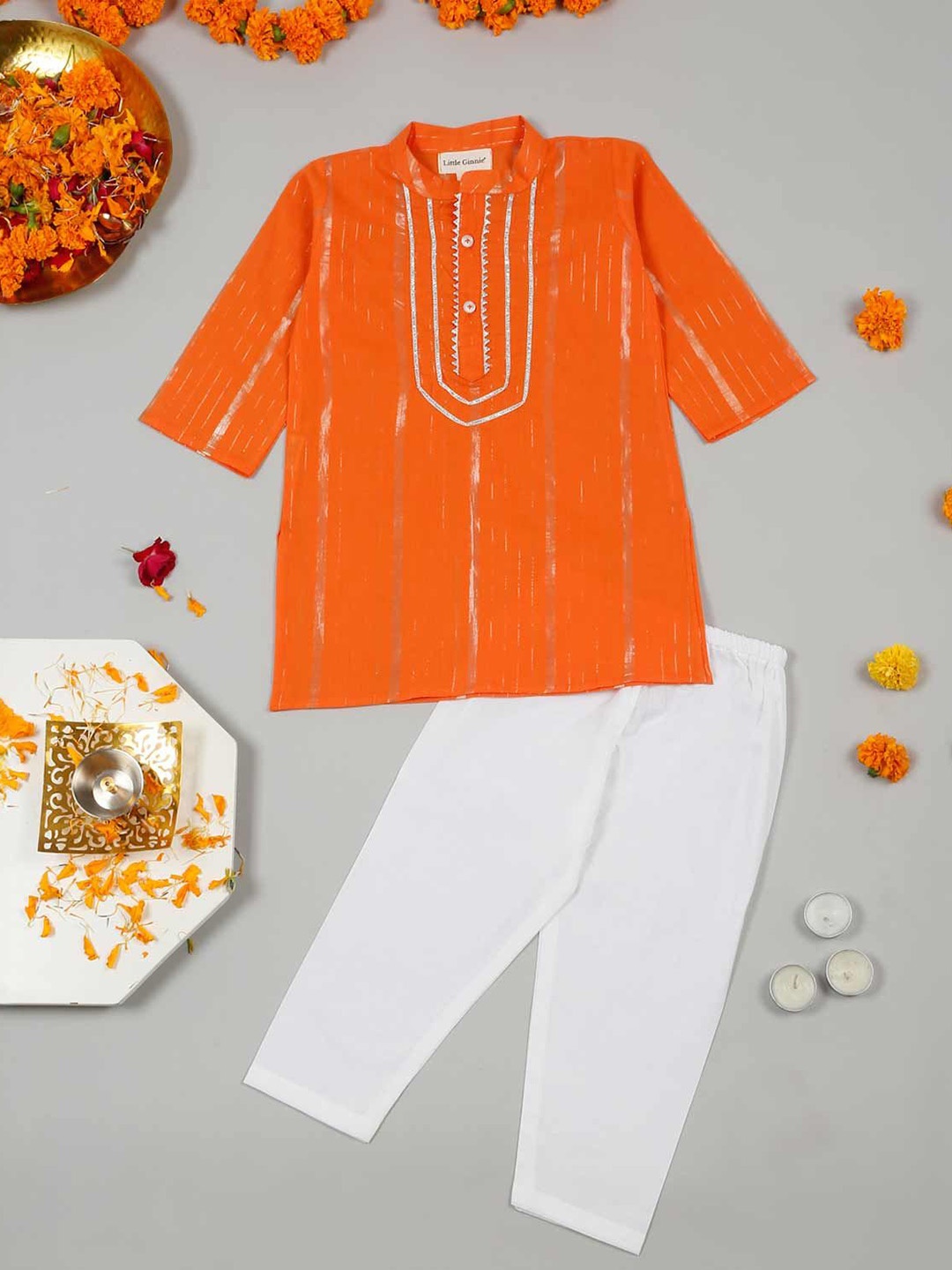 

LITTLE GINNIE Boys Gotta Patti Kurta Set with Pyjama, Orange