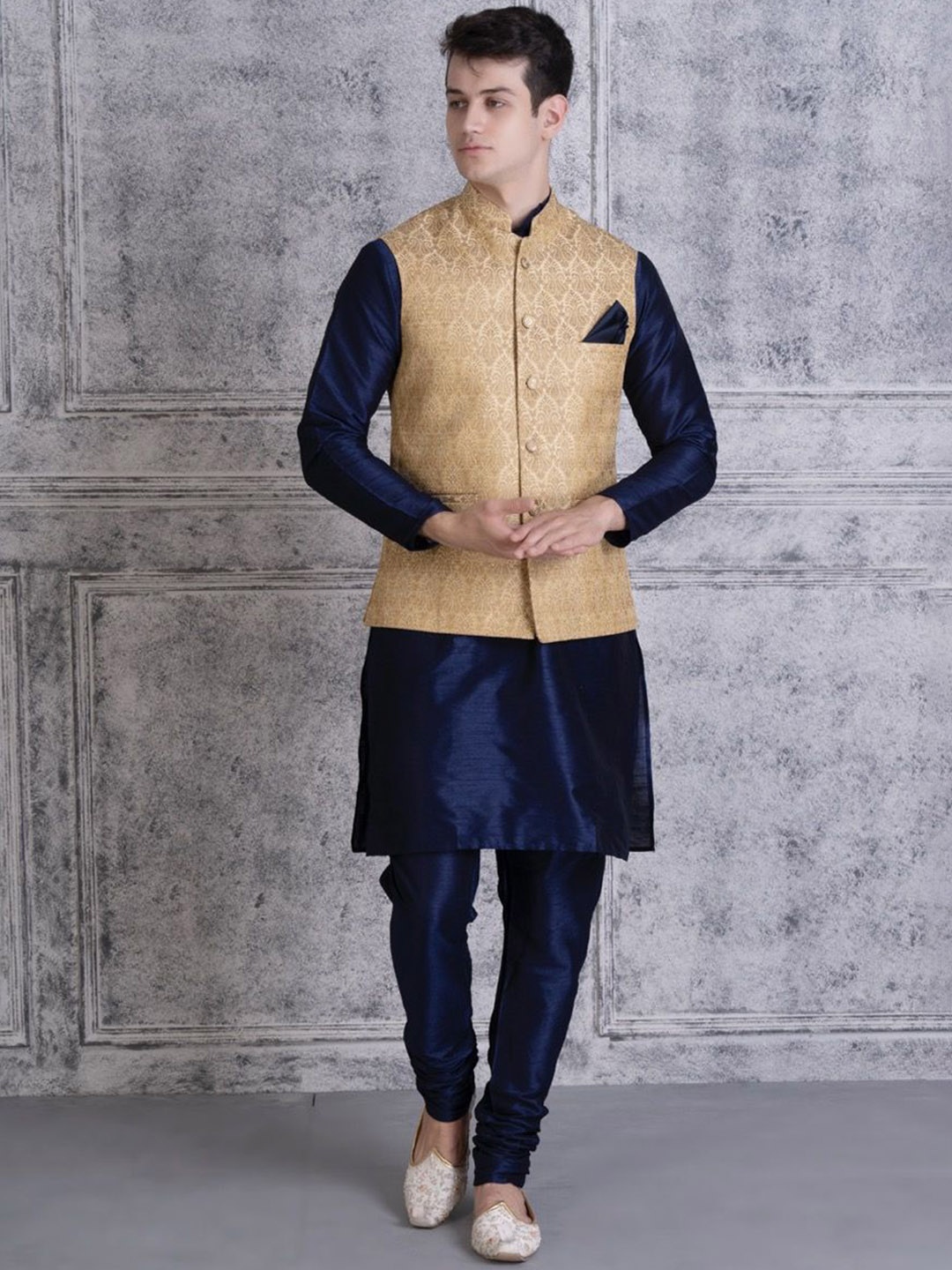 

Ethluxis Mandarin Collar Jacquard Dupion Silk Kurta With Churidar & Nehru Jacket, Navy blue