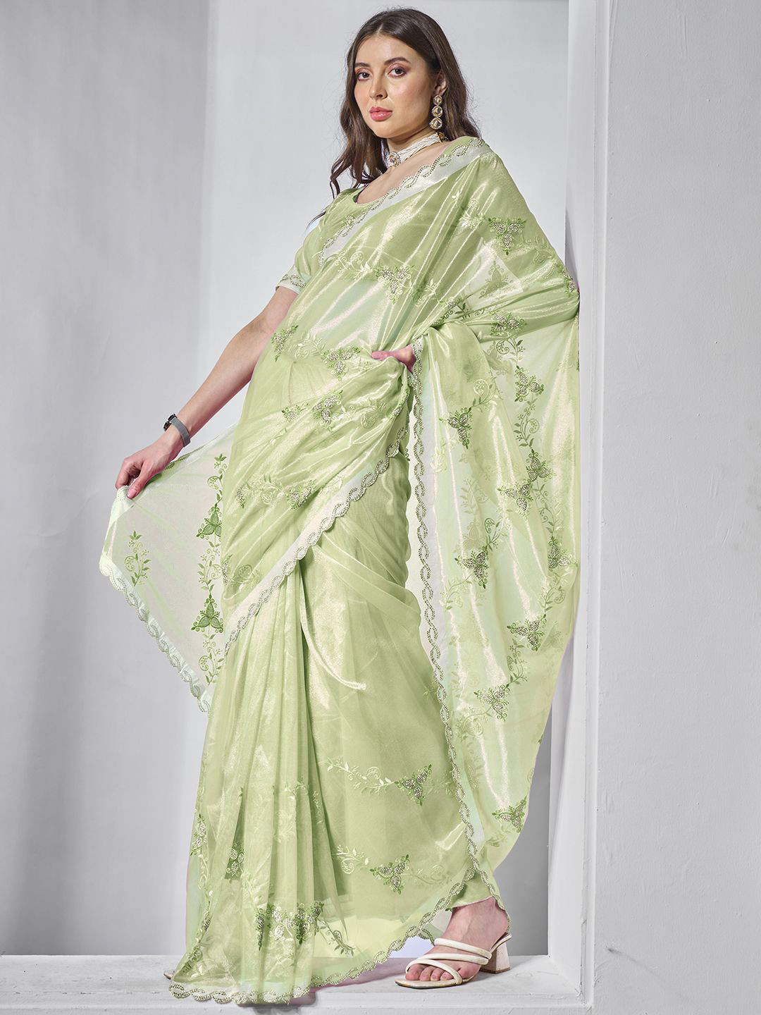 

Mitera Floral embroidered Beads and Stones Organza Saree, Sea green