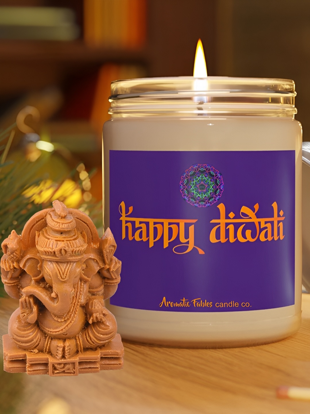 

Aromatic Fables White & Purple Tranquil Lavender Glass Jar Candle with Ganesha Idol