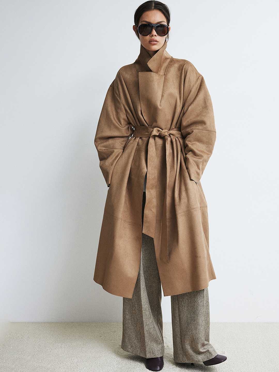 

H&M Napped Tie-Belt Coat, Beige