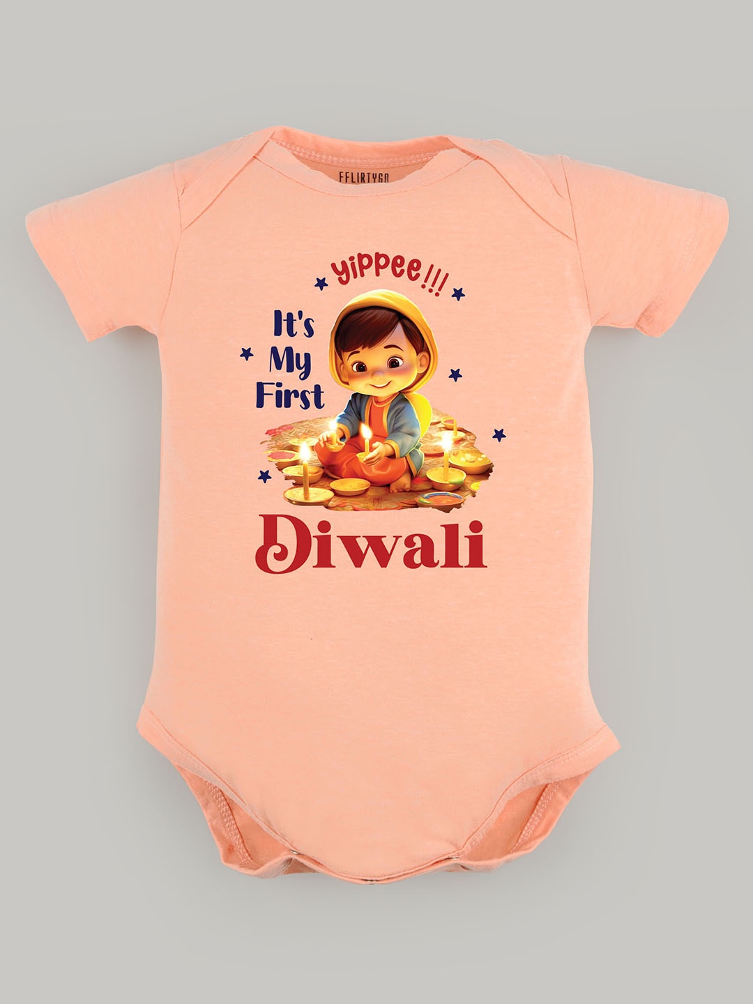 

FFLIRTYGO Infants Printed Pure Cotton Diwali Romper Baby Wear Bodysuit, Peach