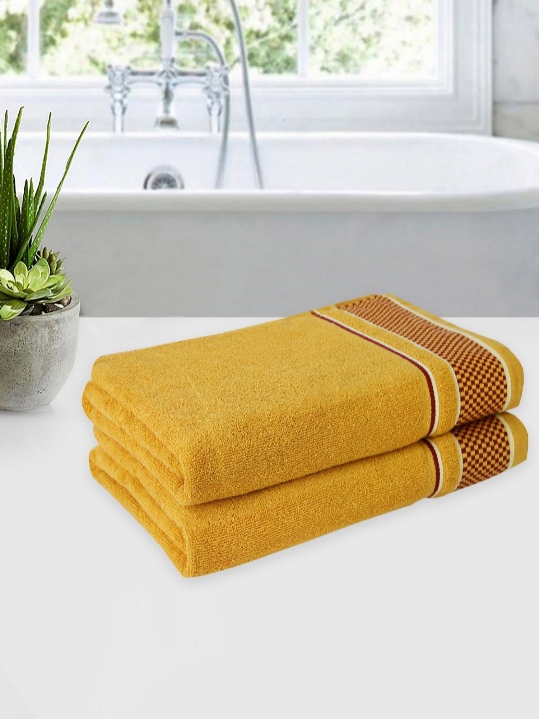 

Myntra Elegant Homes Yellow & White 2 Pieces Printed Cotton 500 GSM Bath Towels