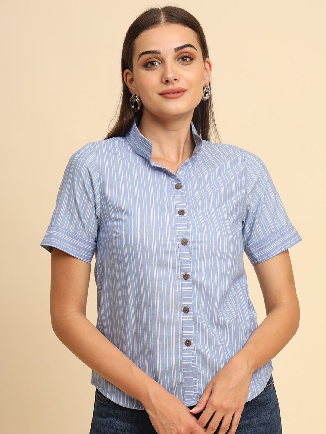 

Anouk Rustic Women Striped Pure Cotton Shirt, Blue