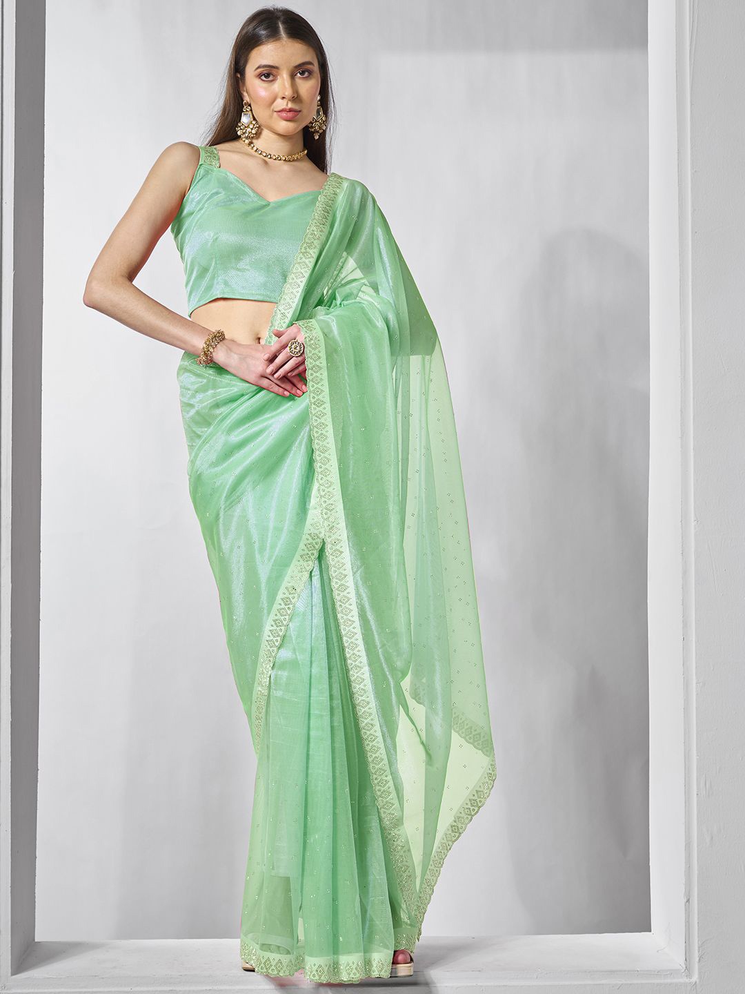 

Mitera Embellished Embroidered Saree, Sea green