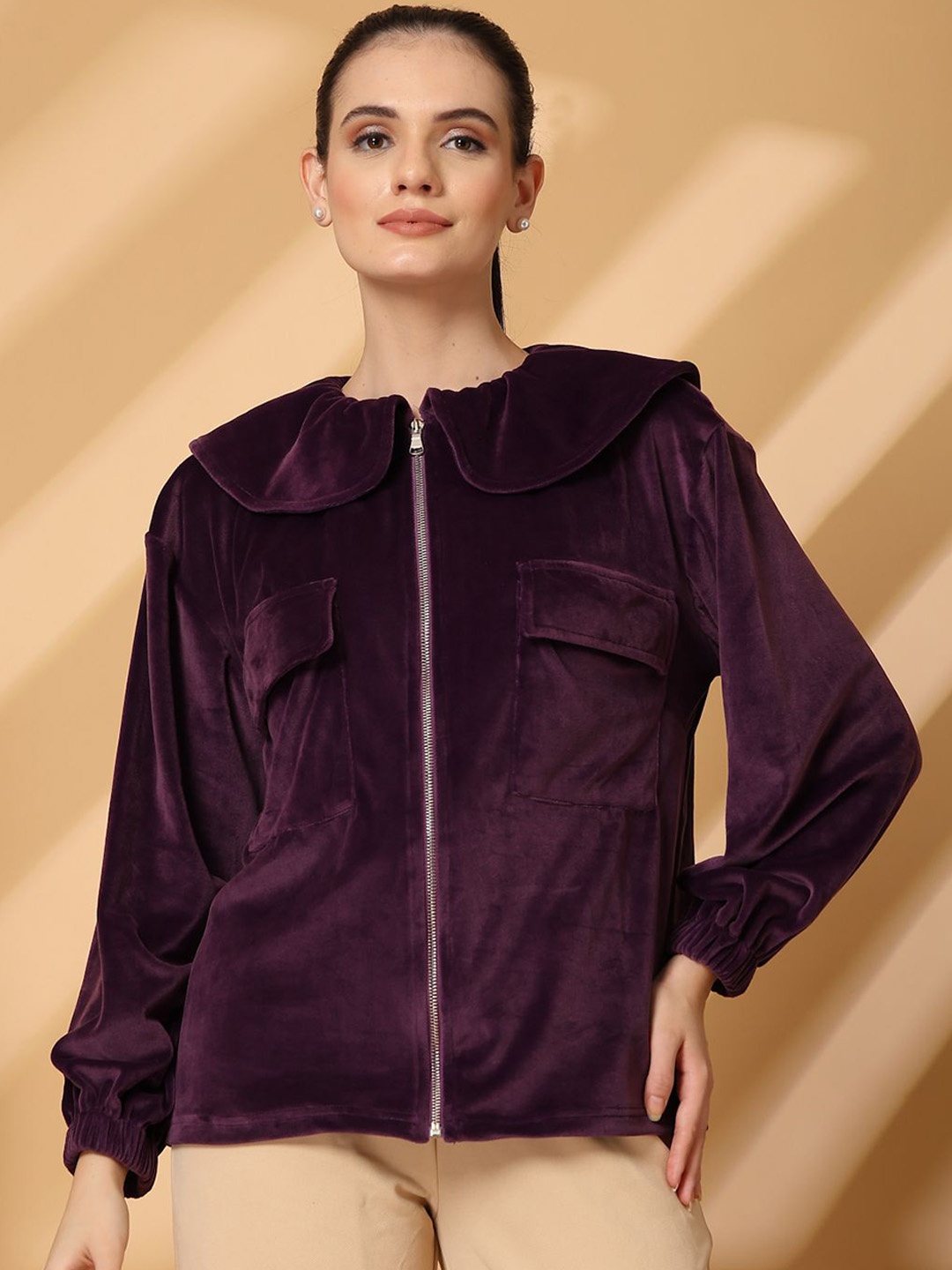 

plusS Women Spread Collar Solid Velvet Casual Open Front Jacket, Purple