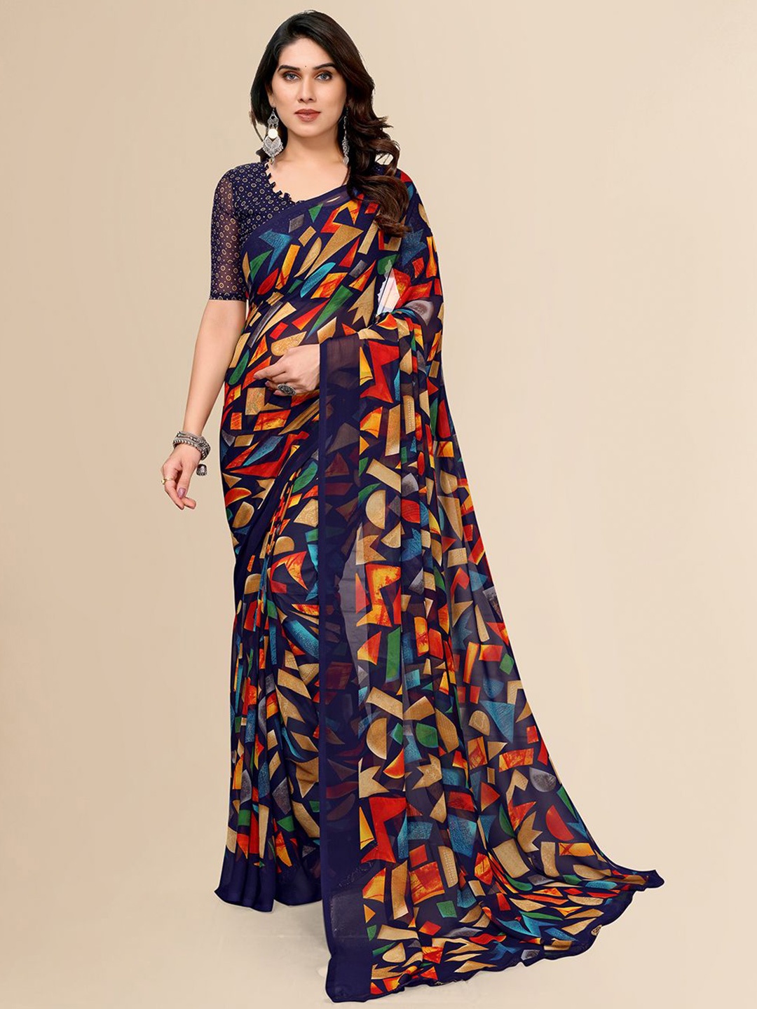 

ANAND SAREES Geometric Printed Saree With Blouse Piece, Navy blue