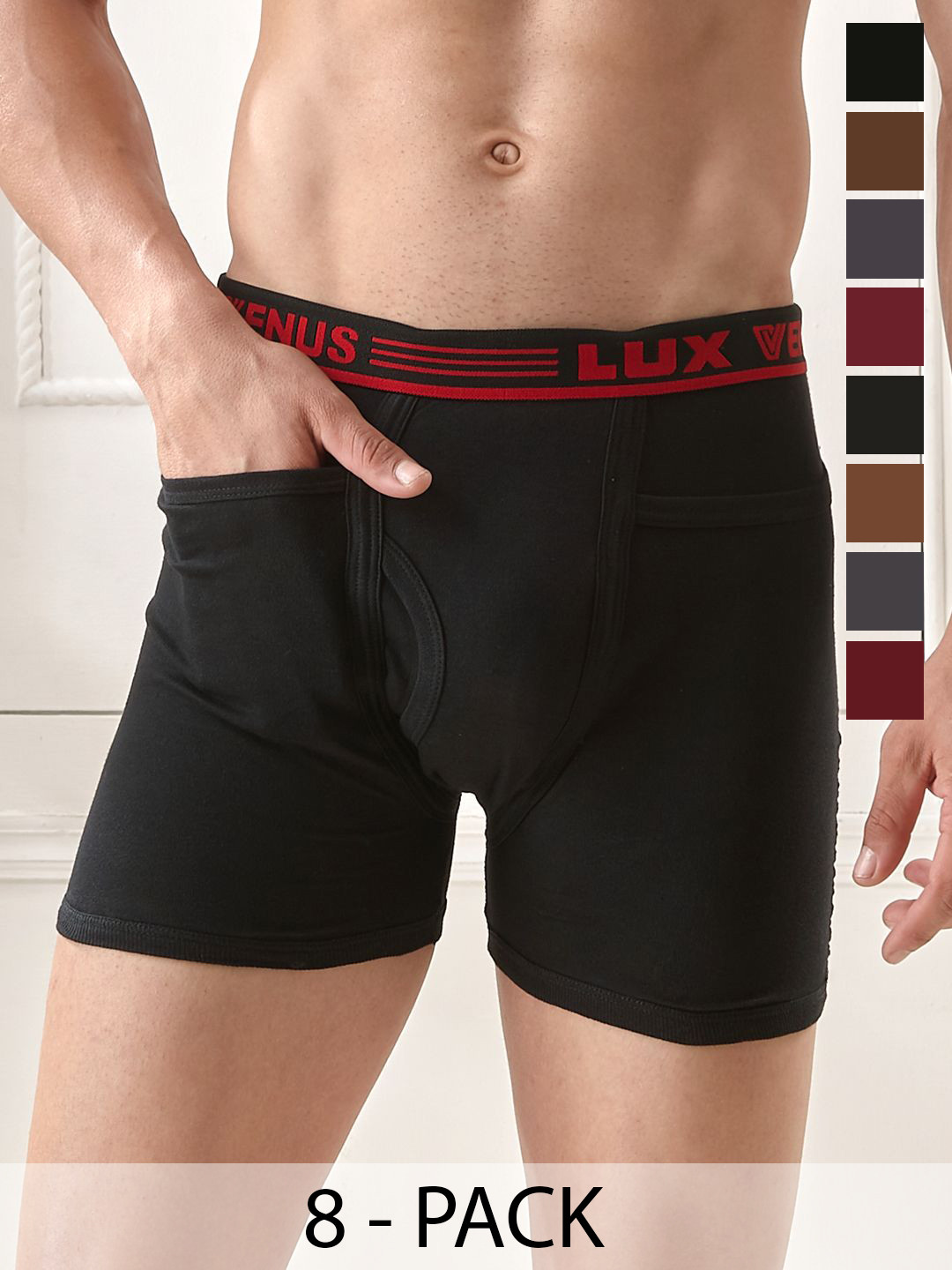 

LUX VENUS Pack of 8 Assorted Men Cotton Pocket Trunk NW1_VENUS_PKT_DRW_AST_95_8PC, Black
