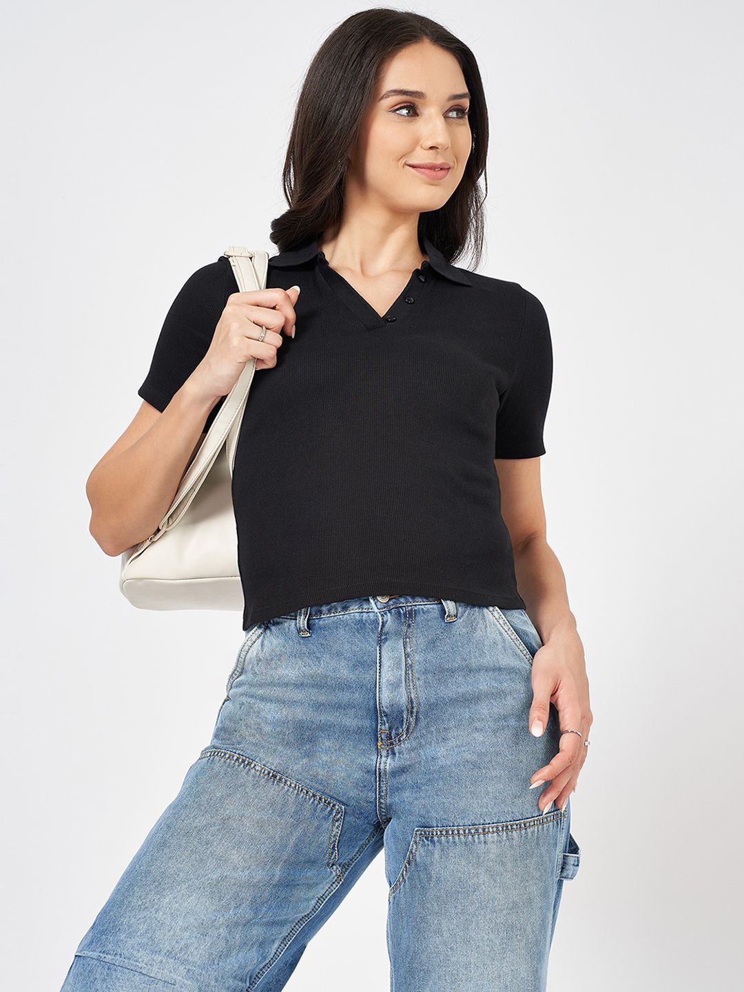 

People Women Cotton Short Sleeves Shirt Collar Top, Black