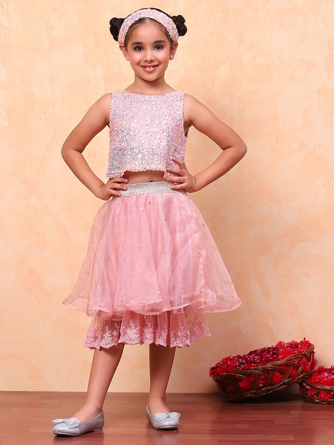 

Biba Girls Round Neck Embroidered Top with Skirt Clothing Set, Pink