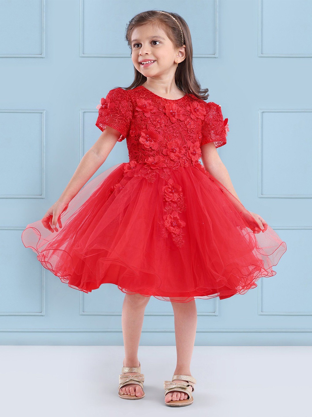 

Mark & Mia Girls Floral Self Design Fit and Flare Dress, Red