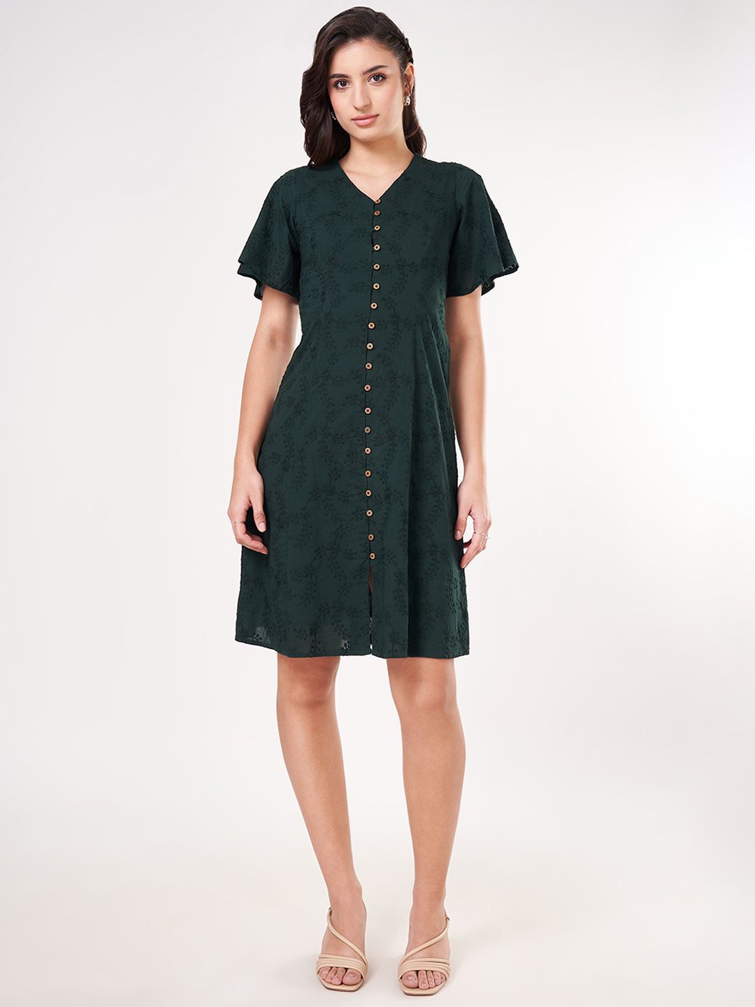 

Honey by Pantaloons Women Flutter Sleeve A-Line Cotton Dress, Green