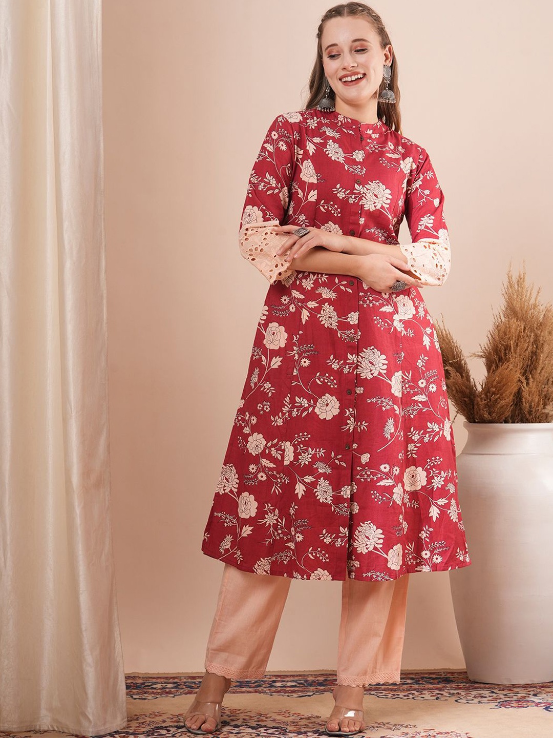 

FASHOR Floral Printed Mandarin Collar Panelled Pure Cotton A-Line Kurta With Trouser, Red