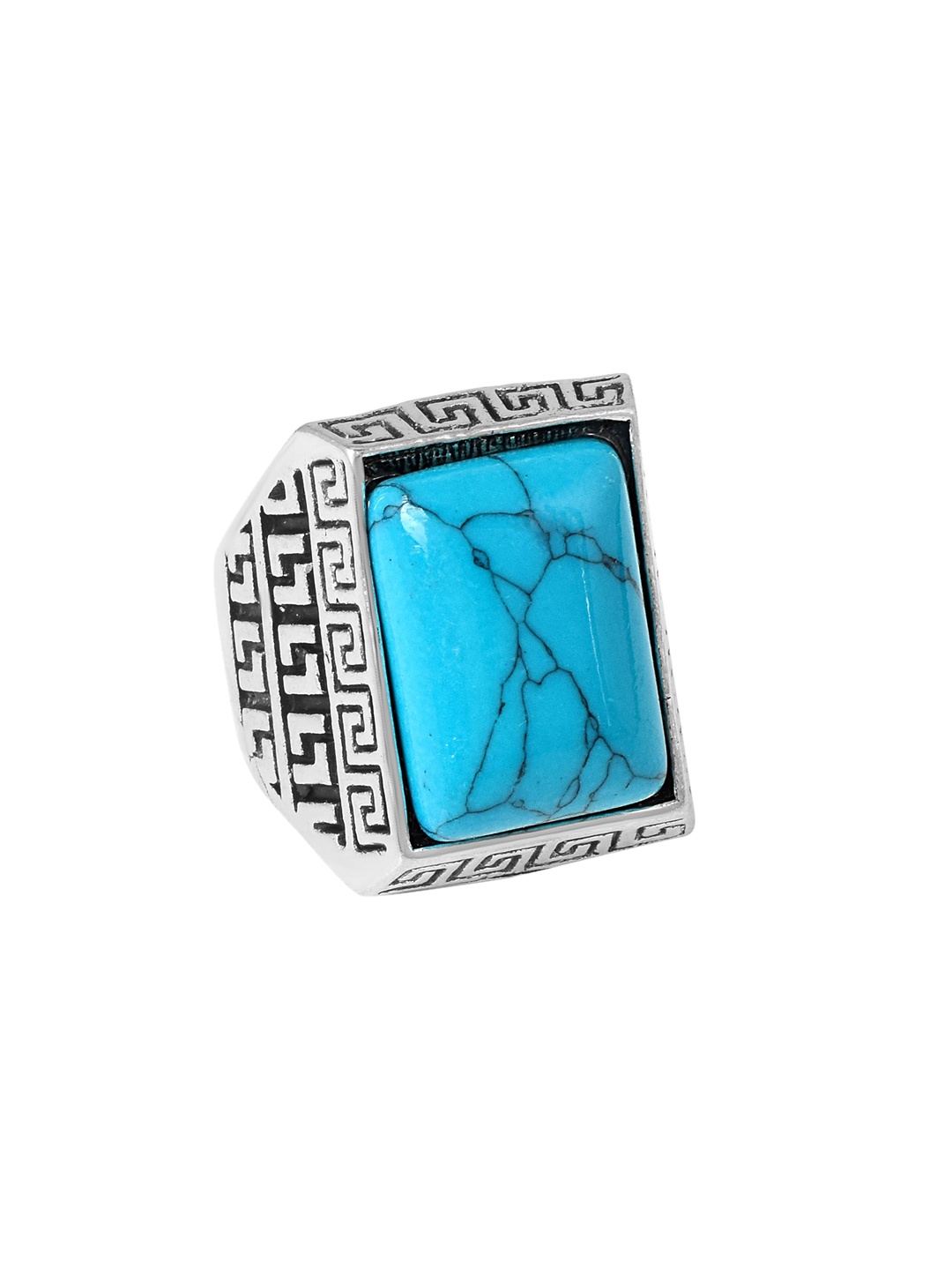 

MEMOIR Men Silver Plated Oxidised Turquoise Firoza Stone Studded Finger Ring