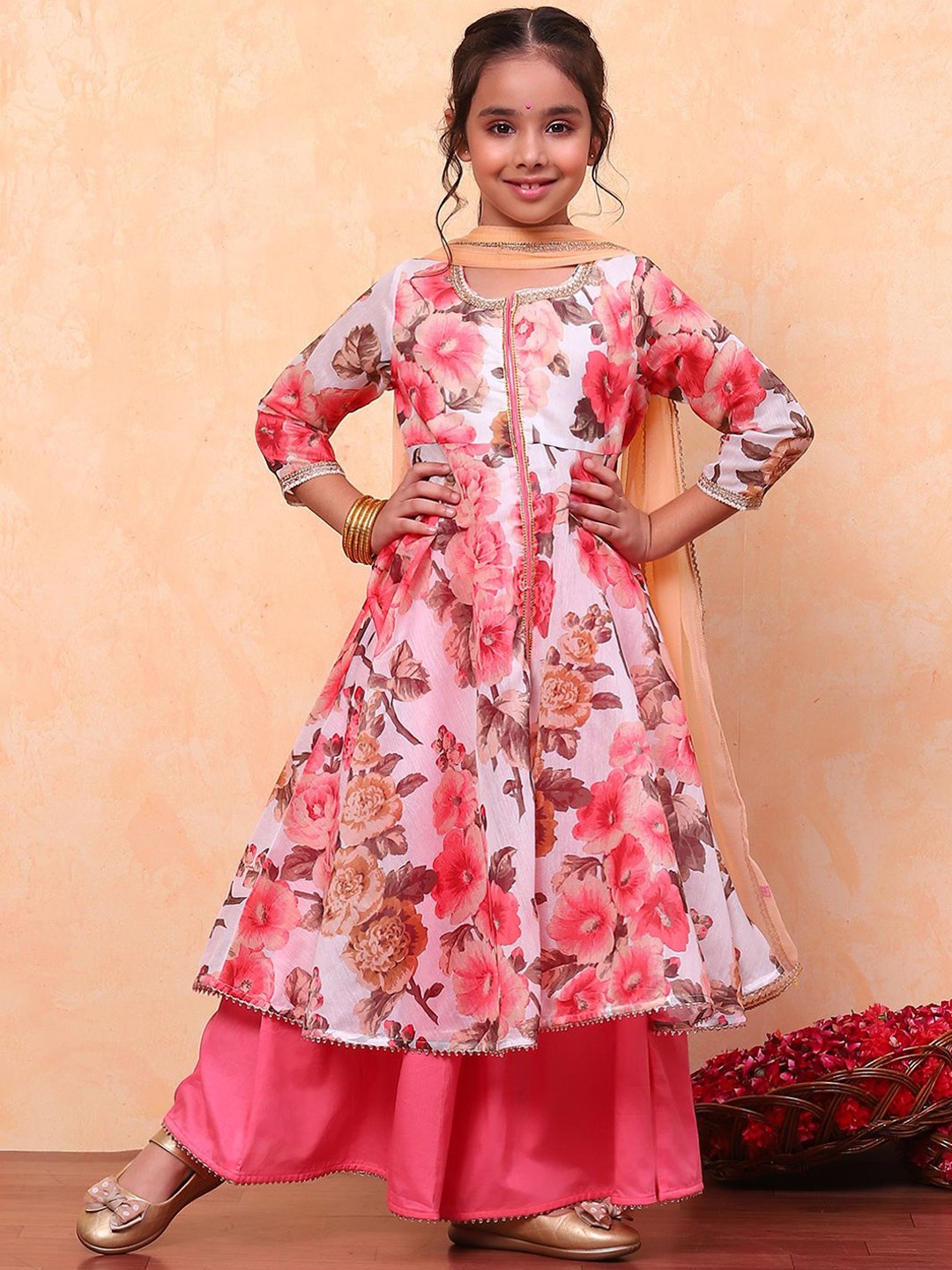 

Biba Girls Floral Printed Kurta With Palazzos & Dupatta, White
